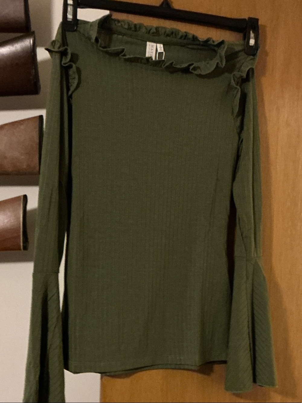 Hayden Olive Green Ruffle Neck Long Sleeve Top